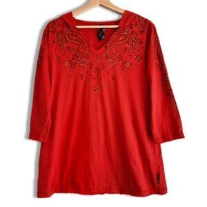 SEVEN7  Boho Paisley Floral Light V-Neck Hoodie Red Sz XL